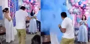 Revelación de género fallida: pintura azul baña a futura madre en viral accidente