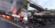 Pipa con aceite se incendia tras choque múltiple en el Edomex