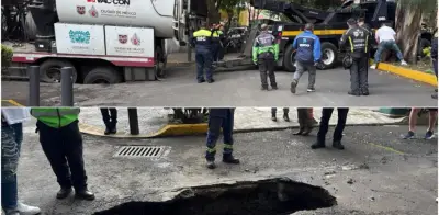 Camión vactor cae en socavón en Tlalpan; dos grúas lo retiran