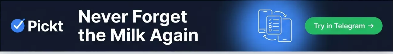 Banner header de Pickt — app de listas de compras colaborativas para Telegram