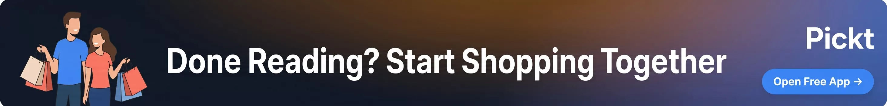 Banner post-artículo de Pickt — app de listas de compras colaborativas con ilustración familiar